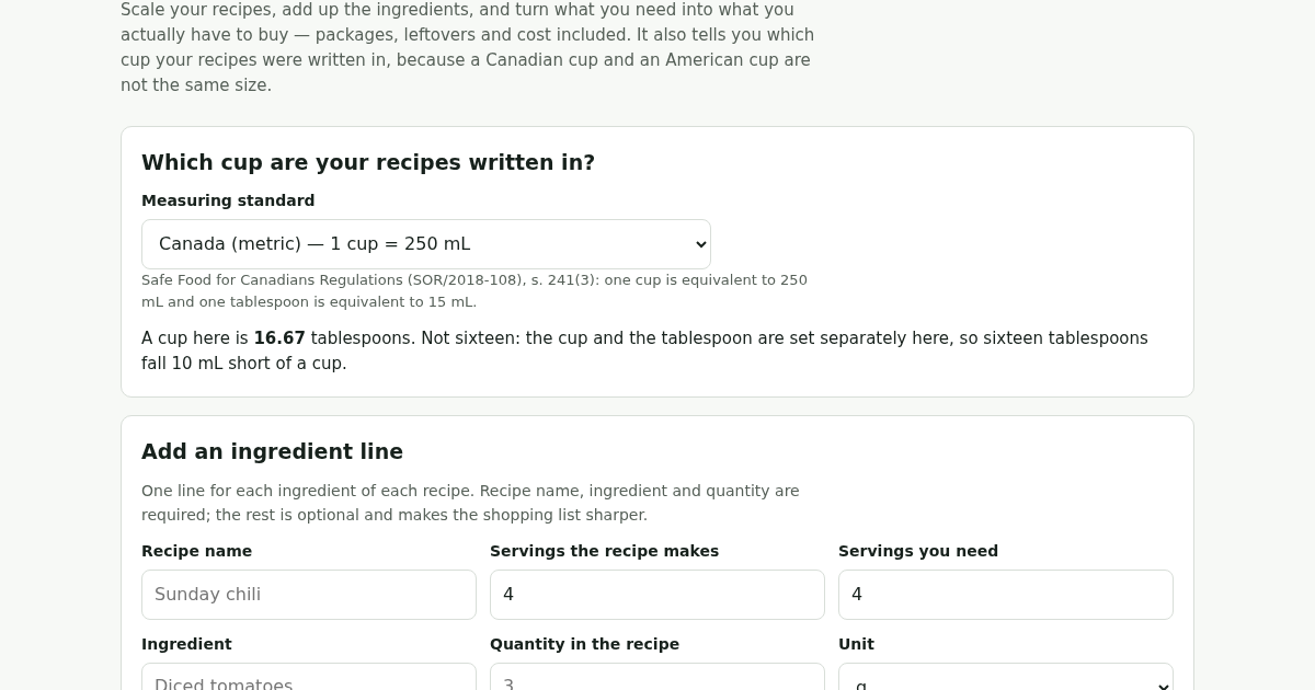 Cup Check: Canadian Recipe Scaler and Grocery List